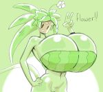  angstrom big_breasts blaster_master bottomless breasts clothed clothing crop_top elemental_creature elemental_humanoid english_text exclamation_point female flora_fauna flower for_a_head gesture green_body hand_on_hip huge_breasts humanoid kanna_(blaster_master) looking_at_viewer object_head plant plant_humanoid shirt smile solo text topwear v_sign video_games 