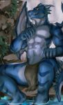  abs anthro biceps bottomwear bulge clothed clothing digital_media_(artwork) dragon feet_in_water grass hi_res juiceps loincloth male muscular muscular_anthro muscular_male pecs plant rock signature sitting solo teeth water wings 