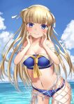  1girl bare_shoulders bikini blonde_hair blue_sky blush breasts cargo_net cleavage cloud cloudy_sky collarbone cowboy_shot double_bun eyebrows_visible_through_hair fletcher_(kancolle) fletcher_mk_ii_(kancolle) kantai_collection large_breasts long_hair looking_at_viewer mayura2002 neckerchief ocean official_alternate_costume open_mouth outdoors purple_eyes sky smile solo swimsuit water yellow_neckerchief 