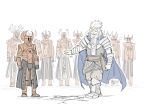  antlers armor beard blue_cape boots braid braided_beard cape circlet closed_eyes cracked_floor crucible_knight elden_ring facial_hair full_armor full_body godfrey_first_elden_lord kan_(aaaaari35) outstretched_arm plate_armor simple_background standing white_background white_hair 