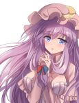  1girl bangs blue_eyes breasts capelet cleavage crescent crescent_pin dress eyebrows_visible_through_hair hat highres large_breasts long_hair mob_cap namiki_(remiter00) open_mouth own_hands_clasped own_hands_together patchouli_knowledge pink_capelet pink_headwear purple_hair simple_background solo striped striped_dress touhou upper_body white_background 