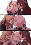 3girls after_kiss aponia_(honkai_impact) blush brown_hair closed_eyes dress earrings eden_(honkai_impact) eimikohaver elysia_(honkai_impact) eyebrows_visible_through_hair french_kiss gloves hair_ornament highres honkai_(series) honkai_impact_3rd jewelry kiss long_hair looking_at_another multiple_girls musical_note_hair_ornament parted_lips pink_hair pointy_ears saliva saliva_trail tongue tongue_out yuri 