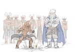  antlers armor beard blue_cape boots braid braided_beard cape circlet cracked_floor crossed_arms crucible_knight elden_ring facial_hair full_armor full_body godfrey_first_elden_lord kan_(aaaaari35) plate_armor simple_background standing stomping white_background white_hair 