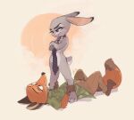  anthro canid canine crossed_arms disney duo edtropolis female fox grabbing_ankles hi_res judy_hopps lagomorph leporid lying male male/female mammal mostly_nude necktie nick_wilde on_back rabbit spread_legs spreading standing_over zootopia 