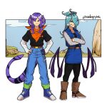  2girls android_17 android_17_(cosplay) android_18 android_18_(cosplay) bangs belt black_legwear black_shirt blue_eyes blue_footwear blue_hair blue_jacket blue_skirt braid brown_belt brown_footwear closed_mouth cosplay denim dragon_ball dragon_ball_z dragon_tail dragon_wings elira_pendora english_commentary fang full_body green_legwear hair_ornament hair_over_one_eye hairclip head_wings heterochromia highres jacket long_hair looking_at_viewer medium_hair multiple_girls nijisanji nijisanji_en one_eye_covered orange_scarf outside_border pants pantyhose purple_eyes purple_hair raider_fry red_ribbon_army scarf selen_tatsuki shirt shoes siblings sisters skirt sky sleeveless sleeveless_jacket smile socks standing striped_sleeves swept_bangs tail torn_clothes torn_pants twin_braids twitter_username virtual_youtuber white_shirt white_sleeves wings 