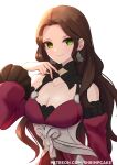  1girl bare_shoulders breasts brown_hair cleavage commentary_request detached_sleeves dorothea_arnault dress earrings fire_emblem fire_emblem:_three_houses forehead green_eyes highres jewelry long_hair long_sleeves looking_at_viewer medium_breasts purple_dress simple_background smile solo supershrimpcakes upper_body very_long_hair white_background wide_sleeves 