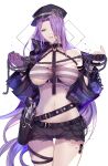  1girl absurdres barcode black_survival breasts chain choker cowboy_shot eternal_return:_black_survival gevjon gun hair_over_one_eye handgun hat highres holstered_weapon large_breasts laura_(black_survival) long_hair looking_at_viewer midriff navel official_alternate_costume pistol prison_clothes purple_eyes purple_hair revolver short_shorts shorts smile solo strapless torn_clothes torn_shorts tube_top underboob very_long_hair weapon white_background 