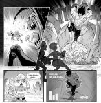  1girl 2boys attack broly_(dragon_ball_super) cheelai dragon_ball dragon_ball_super dragon_ball_super_broly emphasis_lines english_commentary english_text greyscale hat highres holding holding_weapon left-to-right_manga lemo_(dragon_ball) long_hair mcnostril monochrome monster multiple_boys muscular muscular_male scouter short_hair speed_lines topless_male user_interface weapon 