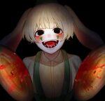  1boy absurdres animal_ears black_eyes blonde_hair blood blurry blush_stickers bunzo_bunny collared_shirt cymbals empty_eyes facial_mark grin highres holding holding_instrument horror_(theme) instrument male_focus open_mouth personification poppy_playtime rabbit_ears sharp_teeth shirt short_hair smile solo suspenders teeth thick_eyebrows zero_(ribia) 