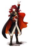  1boy arm_up arvis_(fire_emblem) ayzewi bangs black_footwear black_jacket black_pants book boots cape commentary english_commentary epaulettes fire_emblem fire_emblem:_genealogy_of_the_holy_war full_body hair_between_eyes holding holding_book jacket long_hair long_sleeves male_focus pants red_eyes red_hair smile solo standing transparent_background valflame 