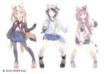  3girls animal_hood aqua_eyes backpack bag black_footwear black_hair blonde_hair blue_hair blue_sailor_collar blue_skirt braid copyright copyright_name eyebrows_visible_through_hair grey_hoodie hololive hood hoodie legs_apart light_blush long_hair loose_socks minato_aqua miniskirt mizoguchi_keiji multicolored_hair multiple_girls necktie official_art omaru_polka oozora_subaru open_mouth outstretched_arms pantyhose pink_eyes pink_hair pink_necktie purple_eyes red_necktie sailor_collar shirt short_hair shoulder_bag simple_background skirt sleeves_past_wrists standing streaked_hair twin_braids two-tone_hair v virtual_youtuber white_background white_legwear white_shirt yellow_necktie 