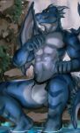  abs anthro biceps bulge clothed clothing digital_media_(artwork) dragon feet_in_water grass hi_res jockstrap juiceps male muscular muscular_anthro muscular_male pecs plant rock signature sitting solo teeth underwear water wings 