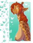  2022 anthro big_breasts breasts brown_hair bust_portrait conditional_dnp digital_media_(artwork) ear_piercing ear_ring female fur giraffe giraffid hair hi_res horn huge_breasts kadath leaf long_neck looking_at_viewer mammal nipples nude ossicone piercing portrait puzzle_(kadath) red_hair smile solo spots spotted_body spotted_fur yellow_body yellow_fur 