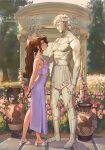  1girl bangs bare_arms bare_shoulders brown_hair day flower from_side hair_ornament hercules_(disney) high_heels highres holding holding_flower long_skirt looking_up megara_(disney) outdoors pink_flower pink_skirt ponytail sandals skirt solo standing statue toshiasan tree watermark web_address 