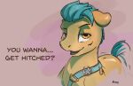 earth_pony english_text equid equine feral green_mane green_tail half-closed_eyes hasbro hitch_trailblazer_(mlp) horse kam looking_at_viewer male mammal mane mlp_g5 my_little_pony narrowed_eyes open_mouth pony signature smile text yellow_body yellow_eyes 