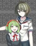  2girls :d bangs black_dress black_sailor_collar black_skirt breasts brown_eyes brown_hair closed_mouth danganronpa_(series) danganronpa_another_episode:_ultra_despair_girls dress eyebrows_visible_through_hair frills green_eyes green_hair grey_shirt hair_ribbon height_difference highres large_breasts looking_at_viewer multiple_girls naegi_komaru neck_ribbon neckerchief open_mouth pleated_skirt red_neckerchief red_ribbon ribbon sailor_collar shiny shiny_hair shirt short_hair skirt smile teeth towa_monaka upper_teeth zui_nianshao 