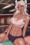  1girl 1other abs absurdres animal_ears bare_shoulders bikini blurry blurry_background boku_no_hero_academia breasts buruma cleavage dark-skinned_female dark_skin eyebrows_visible_through_hair fluffydus highres licking_lips looking_down mirko muscular muscular_female on_person rabbit_ears red_eyes sitting spread_legs steam sweat swimsuit tank_top tongue tongue_out white_hair white_tank_top 