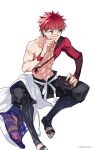  1boy artist_name brown_eyes carimarica emiya_shirou eyebrows_visible_through_hair fate/grand_order fate_(series) hand_on_own_face hand_on_own_knee igote looking_to_the_side male_focus red_hair senji_muramasa_(fate) short_hair simple_background sitting solo spiked_hair topless topless_male transparent_background wristband 