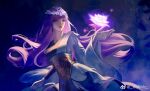  1girl asymmetrical_sleeves dark_background expressionless flower hair_ornament hand_up long_hair looking_to_the_side lotus muqing_mq purple_hair qin_shi_ming_yue shao_siming_(qin_shi_ming_yue) solo upper_body 