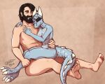  2022 3_toes beard black_hair blokfort cuddling embrace eye_patch eyes_closed eyewear facial_hair feet female hair horn hug human kobold male mammal nude relaxing scales simple_background sitting toes 