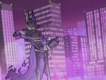  anthro anubian_jackal canid canine canis cape city cityscape clothing dislyte drew_(dislyte) eyewear hyper jackal male mammal mokatopia monocle mummy_wrappings purple_eyes solo 