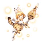  1girl animal_costume animal_ears blonde_hair bow bowtie elbow_gloves game_cg gloves instrument kemono_friends looking_at_viewer official_art open_mouth serval_(kemono_friends) shirt short_hair simple_background skirt smile solo tachi-e tail white_background yellow_eyes 
