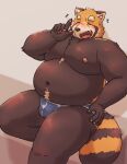  2022 ailurid anthro belly big_belly blush bulge clothing eyes_closed hi_res humanoid_hands kemono male mammal maron2475 moobs navel nipples overweight overweight_male red_panda solo underwear 