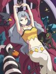  1girl arms_up bare_arms breasts cleavage closed_mouth commentary_request grey_eyes grey_hair highres houndoom karen_(pokemon) kiwi_of_ruin korean_commentary long_hair lying midriff murkrow on_back on_bed pants pillow pokemon pokemon_(creature) pokemon_(game) pokemon_hgss shirt umbreon white_pants yellow_shirt 