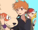  2boys arcanine bangs baseball_cap black_shirt blue_oak brown_eyes brown_hair closed_mouth collared_shirt fingernails hand_up hat highres jewelry male_focus momotose_(hzuu_xh4) multiple_boys necklace orange_hair pikachu pokemon pokemon_(creature) pokemon_(game) pokemon_frlg red_(pokemon) red_headwear shirt short_hair short_sleeves spiked_hair symbol-only_commentary wristband 