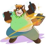  2022 anthro belly big_belly black_nose bottomwear brown_body brown_fur canid canine clothing fur ginnosuke humanoid_hands kemono male mammal overweight overweight_male pants raccoon_dog shirt simple_background solo tanuki topwear 