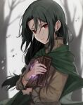  1boy black_hair book book_hug cape child eyebrows_visible_through_hair facial_mark fire_emblem fire_emblem:_path_of_radiance forehead_mark glowing green_cape haru_(nakajou-28) highres holding holding_book long_hair long_sleeves looking_at_viewer object_hug outdoors ponytail red_eyes solo soren_(fire_emblem) tree upper_body younger 