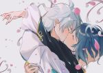  2boys absurdres antenna_hair asymmetrical_bangs bangs blue_hair blush child_on_child chinese_clothes chongyun_(genshin_impact) closed_eyes commentary_request couple eyebrows_visible_through_hair flower frilled_sleeves frills genshin_impact hand_in_another&#039;s_hair highres holding hood hug kiss kiss_day long_sleeves male_focus multiple_boys short_hair simple_background xingqiu_(genshin_impact) yaoi yui_4293 