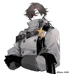  1boy alchemy_stars alternate_costume asymmetrical_gloves badge bandaid bandaid_on_face black_gloves brown_hair bruise buttons colored_inner_hair covered_mouth cropped_torso crossover double-breasted eucild eyepatch gloves grey_gloves grey_jacket high_collar injury jacket long_hair long_sleeves male_focus mismatched_gloves multicolored_hair roy_(alchemy_stars) simple_background solo twitter_username upper_body white_background 