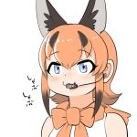  1girl animal_ears bare_shoulders black_hair blue_eyes blush bow bowtie caracal_(kemono_friends) caracal_ears cat_ears cat_girl drooling extra_ears highres kemono_friends mcgunngu microphone multicolored_hair orange_bow orange_bowtie orange_hair shirt short_hair sidelocks sleeveless solo sucking translation_request white_shirt 