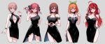  5girls black_dress blue_eyes blush bracelet breasts brown_hair cleavage collarbone dress go-toubun_no_hanayome grey_background hair_ornament hair_ribbon highres jewelry large_breasts legs long_hair looking_at_viewer multiple_girls nakano_ichika nakano_itsuki nakano_miku nakano_nino nakano_yotsuba orange_hair pink_hair profnote quintuplets red_hair ribbon short_hair siblings simple_background sisters 