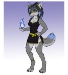  anklet anthro bracelet canid canine canis clothing dress female fire fur grey_body grey_fur highlights_(coloring) jewelry magic_user mammal solo umbrafang wolf 