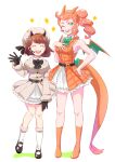  2girls belt_buckle blush buckle charizard charizard_(cosplay) closed_eyes cosplay diamond_(shape) fake_horns fake_tail fake_wings gloria_(pokemon) hair_ornament hand_on_hip hand_on_own_chest hat heart heart_hair_ornament highres horned_headwear horns multiple_girls one_eye_closed orange_footwear orange_hair pokemon pokemon_(game) pokemon_swsh rnehrdyd1212 smile sonia_(pokemon) standing tail teeth wings wooloo wooloo_(cosplay) 