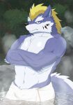  abs anthro bathing biceps blonde_hair blue_body blue_fur canid canine canis crossed_arms ear_piercing ear_ring eyebrows fenrir_(housamo) fur goofq_sumato hair hi_res hot_spring lifewonders male mammal navel pecs piercing solo thick_eyebrows tokyo_afterschool_summoners towel video_games water wolf 
