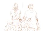  2girls 5boys absurdres baby brother_and_sister brothers carrying child child_carry clothes_grab extra facing_away from_behind hand_on_another&#039;s_back hand_up haori highres japanese_clothes karin_6867 kimetsu_no_yaiba kimono long_hair long_sleeves mohawk monochrome multiple_boys multiple_girls obi pants sash shinazugawa_genya shinazugawa_hiroshi shinazugawa_koto shinazugawa_sanemi shinazugawa_shuya shinazugawa_sumi shinazugawa_teiko siblings side-by-side simple_background translation_request updo vest walking 