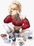  1girl artoria_pendragon_(fate) bangs blonde_hair blush braid breasts doll fate/apocrypha fate/stay_night fate_(series) french_braid green_eyes hair_ornament hair_scrunchie highres long_hair long_sleeves looking_at_viewer mordred_(fate) mordred_(fate/apocrypha) parted_bangs ponytail red_scrunchie saber scrunchie sidelocks small_breasts smile solo tonee 