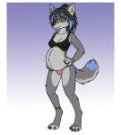  anklet anthro belly big_belly bracelet canid canine canis clothing emmy_(umbrafang) female fur grey_body grey_fur highlights_(coloring) jewelry mammal panties pregnant shirt solo tank_top topwear umbrafang underwear wolf 