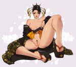  1girl black_hair black_kimono breasts brown_eyes come_hither english_commentary eyeshadow female_pubic_hair final_fantasy final_fantasy_vii final_fantasy_vii_remake floral_print full_body geisha hair_bun hair_ornament hair_stick japanese_clothes kimono leg_up lips madam_m makeup medium_breasts naughty_face nipples no_bra no_panties obi off_shoulder open_clothes open_kimono platform_footwear presenting print_kimono pubic_hair pussy sandals sash shaped_pubic_hair short_hair solo spread_legs toenails toes uncensored updo vero 