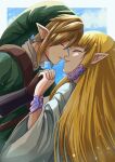  1boy 1girl bangs blonde_hair blue_sky blush closed_eyes cloud commentary_request couple day earrings eye_contact face-to-face gloves hat head_tilt hetero highres holding holding_hands imminent_kiss incoming_kiss jewelry link long_hair looking_at_another nintendo open_mouth pointy_ears princess_zelda sakuya_996 sky smile the_legend_of_zelda the_legend_of_zelda:_breath_of_the_wild 