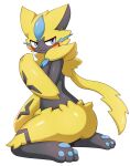  2022 anthro black_body black_pupils blue_body blue_eyes blue_pawpads blush butt cute_fangs felid full-length_portrait fur hi_res iris kneeling legendary_pok&eacute;mon looking_at_viewer mammal nintendo pawpads pok&eacute;mon pok&eacute;mon_(species) portrait pupils simple_background solo sum video_games white_background yellow_body yellow_butt yellow_ears yellow_fur zeraora 