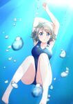  1girl :o absurdres air_bubble arm_up blue_eyes blue_swimsuit blue_theme breasts brown_hair bubble cleavage competition_swimsuit eyebrows_visible_through_hair freediving full_body grey_hair hair_between_eyes highres holding_breath light_rays love_live! love_live!_sunshine!! medium_breasts ocean one-piece_swimsuit outdoors satisfaction-zero short_hair solo stretch submerged sunlight swimming swimsuit underwater watanabe_you water 