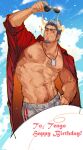  1boy abs arm_hair bara bare_pectorals beard brown_eyes chest_hair cloud cloudy_sky collared_shirt darius_(league_of_legends) day facial_hair grey_hair hairy hand_on_hip happy_birthday highres horns jewelry jiecaoxiong league_of_legends long_sideburns looking_to_the_side lunar_beast_darius male_focus manly mature_male muscular muscular_male navel navel_hair necklace nipples open_clothes open_shirt outdoors pectorals shirt shorts sideburns sky smirk solo sparkle stubble sunglasses veins veiny_arms 