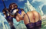  1girl anus anus_peek armor artist_name ass black_gloves blue_eyes boots bottomless breasts brown_hair castle commentary covered_nipples dated garen_(league_of_legends) garter_straps genderswap genderswap_(mtf) gloves highres large_breasts league_of_legends leaning_forward looking_back nipples purple_legwear pussy shoulder_armor signature solo sword themaestronoob thick_thighs thigh_boots thighhighs thighs topless uncensored weapon 