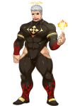  1boy abs alpha_transparency angry armband bara biceps black_eyes bodysuit bulge clenched_hand facial_hair fangs fire flame_print frown half-closed_eyes halo large_pectorals male_focus manly mature_male muscular muscular_male naop_(anything) official_alternate_costume official_art open_mouth pectorals red_pupils sandals solo sparkle spiked_hair stubble teeth thick_arms thick_eyebrows thick_thighs thighs third-party_source tight tokyo_afterschool_summoners tongue transparent_background tusks white_hair zabaniyya_(housamo) 