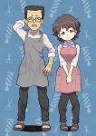  1boy 1girl absurdres akiyama_jungorou akiyama_yoshiko apron arm_behind_head arm_up barber_pole black-framed_eyewear black_footwear black_pants blue_background brown_eyes brown_hair collared_shirt earrings eyebrows_visible_through_hair facial_hair girls_und_panzer glasses grey_apron grey_legwear half-closed_eyes highres husband_and_wife jewelry long_sleeves mustache nakachiruno pants pink_apron rectangular_eyewear sandals scissors shirt short_hair socks stud_earrings v_arms very_short_hair wavy_hair white_shirt 