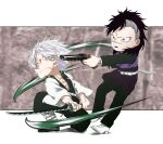 2boys aiming belt black_hair black_jacket black_legwear black_pants blurry blurry_background breath chibi cross_scar demon_slayer_uniform dual_wielding fangs from_side full_body furrowed_brow gun handgun haori highres holding holding_gun holding_sword holding_weapon jacket japanese_clothes karin_6867 katana long_hair long_sleeves looking_away male_focus mohawk multiple_boys one_knee open_clothes open_mouth outstretched_arm outstretched_arms pants profile sandals sanpaku scabbard scar scar_on_chest scar_on_face scar_on_forehead scar_on_nose sheath shinazugawa_genya shinazugawa_sanemi shoes short_hair short_sword slashing standing sword sword_writing tabi two-handed unbuttoned unsheathed veins veiny_arms vest visible_air weapon white_footwear white_jacket 